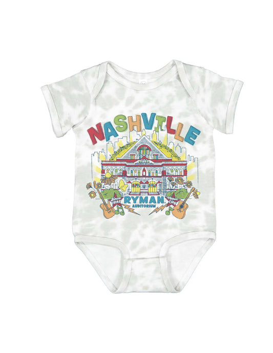 White baby onesie with colorful Nashville-themed design on a white background