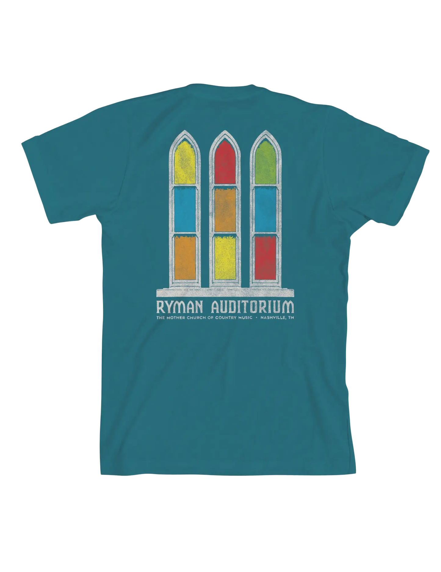 Teal cotton t-shirt featuring colorful stained-glass windows graphic with ryman auditorium text below