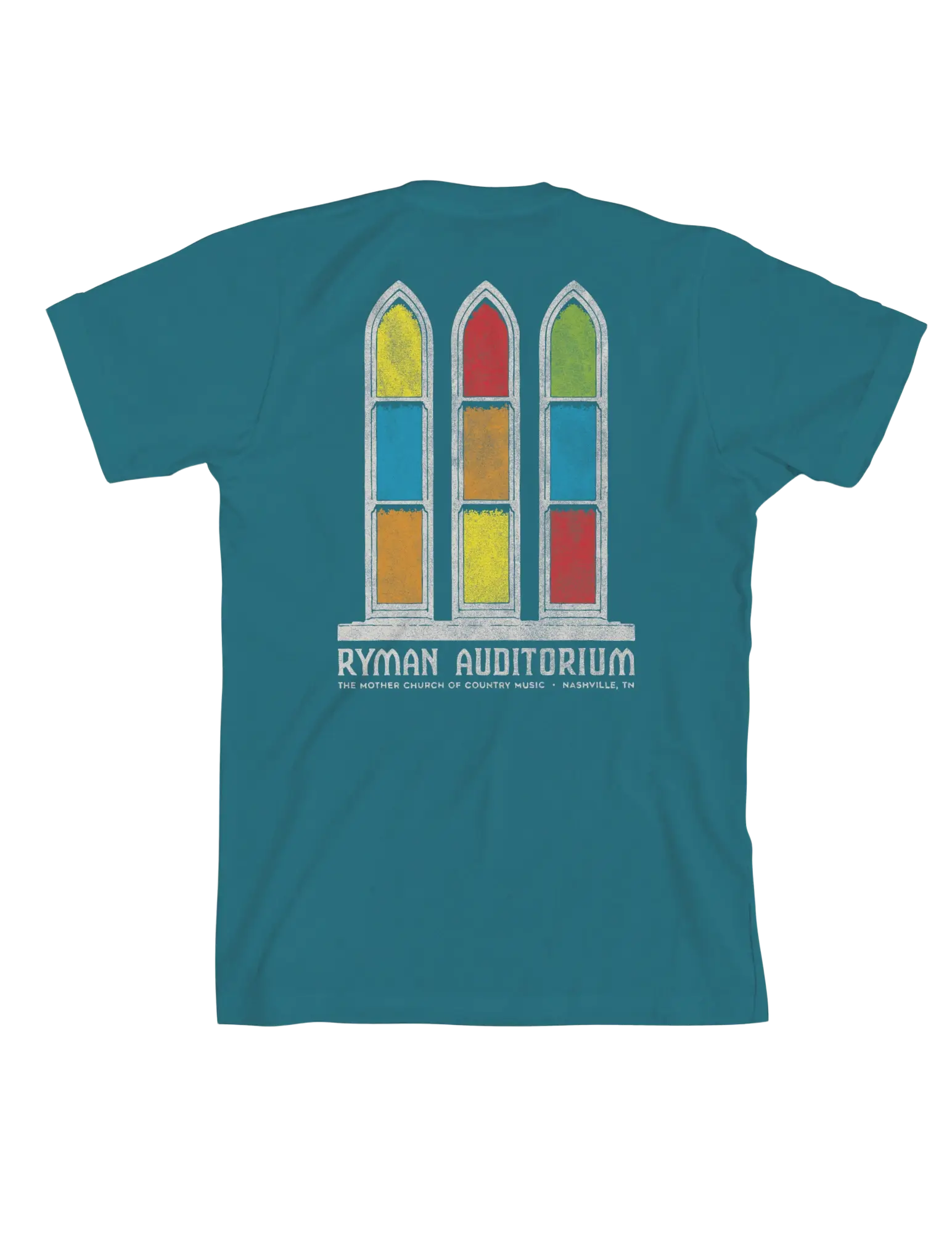 Teal cotton t-shirt featuring colorful stained-glass windows graphic with ryman auditorium text below