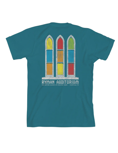 Teal cotton t-shirt featuring colorful stained-glass windows graphic with ryman auditorium text below