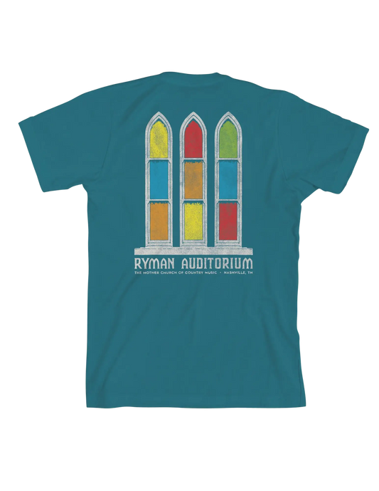 Teal cotton t-shirt featuring colorful stained-glass windows graphic with ryman auditorium text below