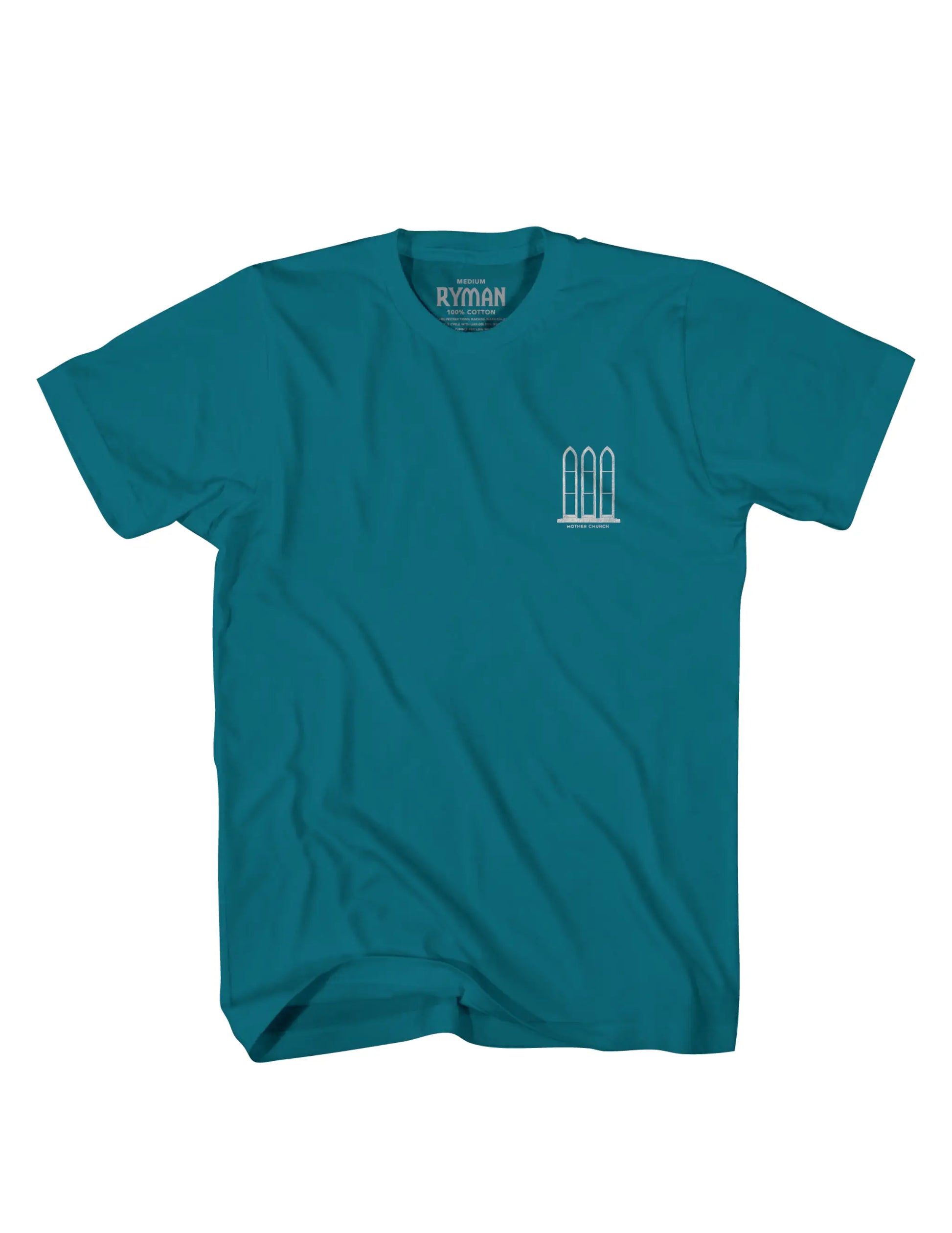 Teal cotton ryman colorful windows t-shirt with a small white graphic of three vertical bars on the left chest