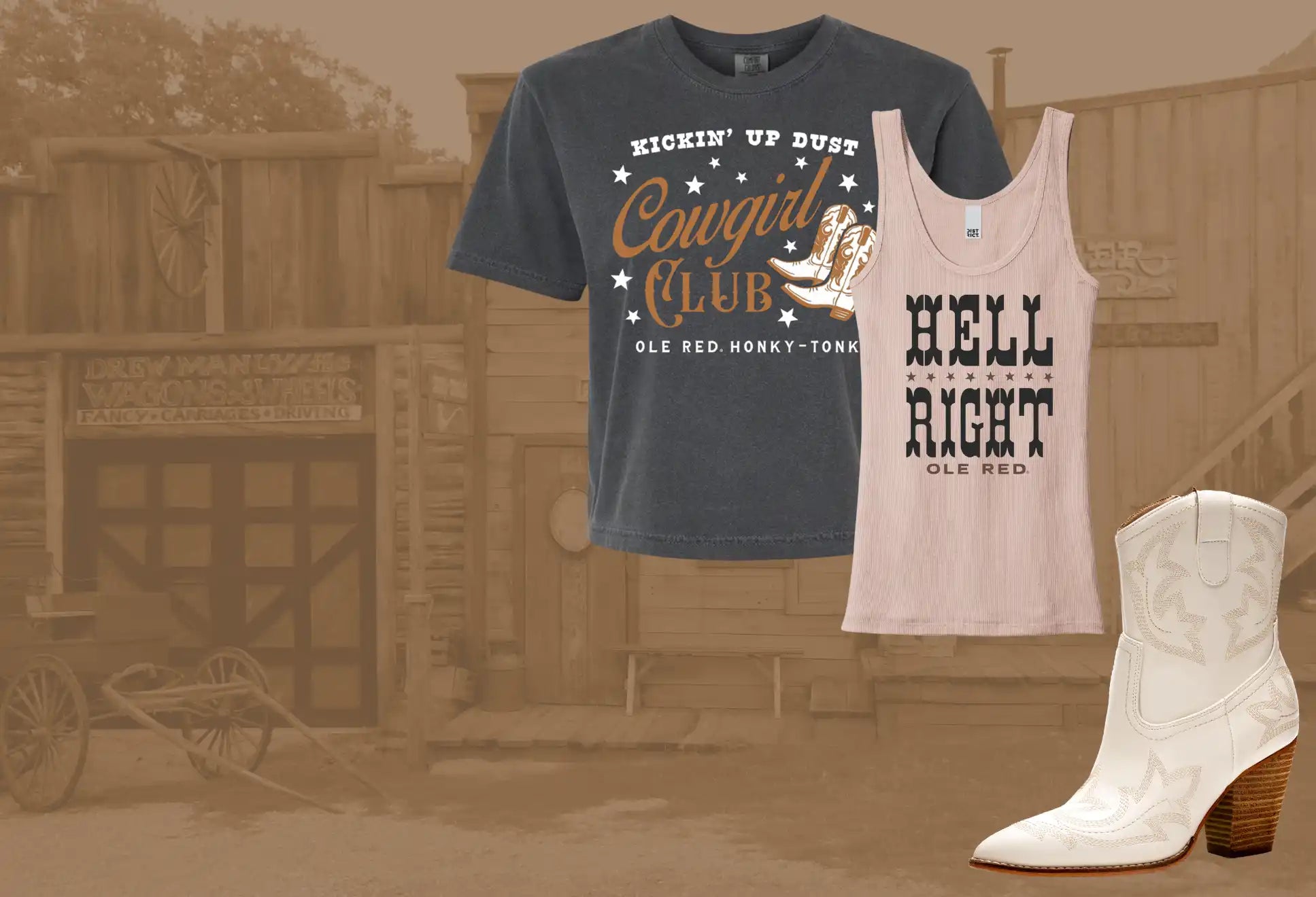 A short-sleeved t-shirt and a tank top with a pair of white cowboy boots.