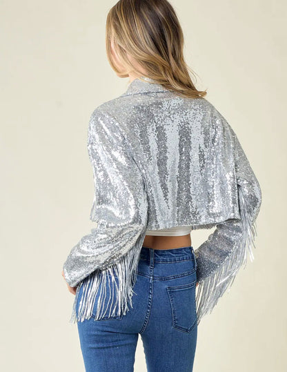 Silver Sequins Fringe Jacket - JACKETS