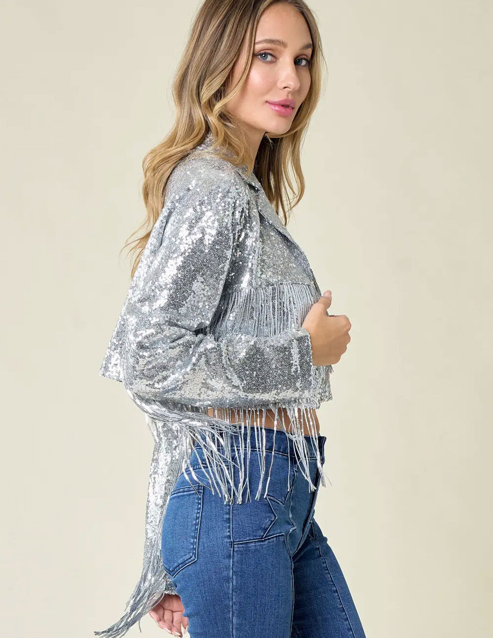 Silver Sequins Fringe Jacket - JACKETS