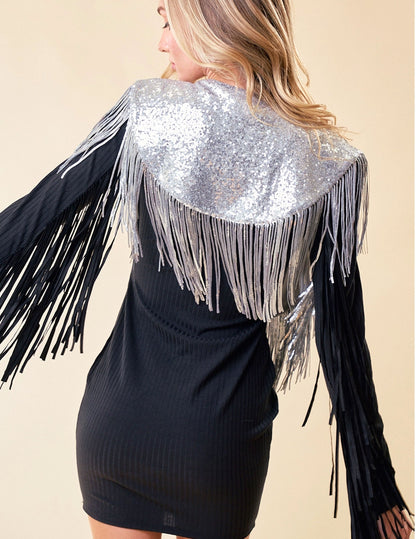 Silver Sequins Fringe Shawl - VESTS