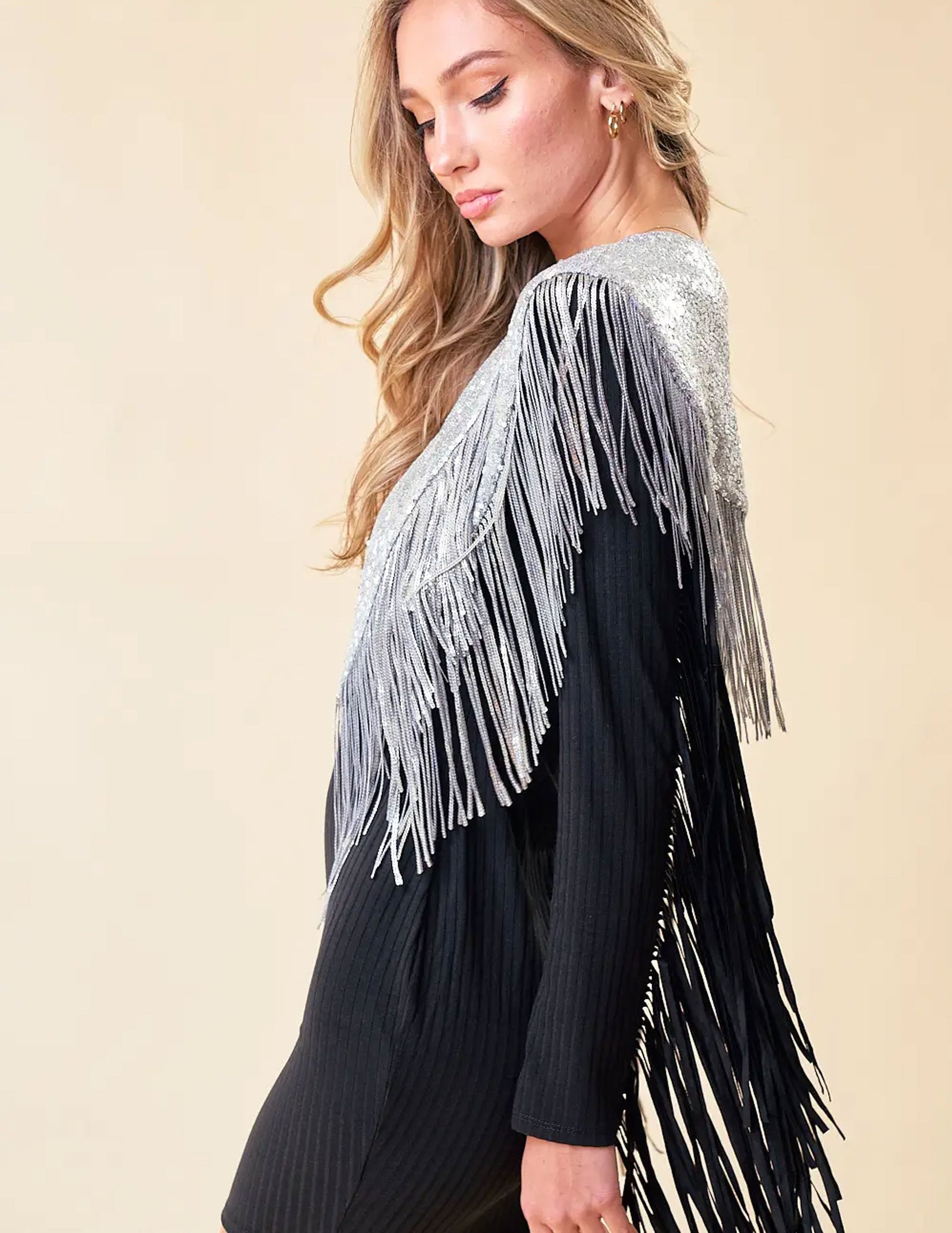 Silver Sequins Fringe Shawl - VESTS