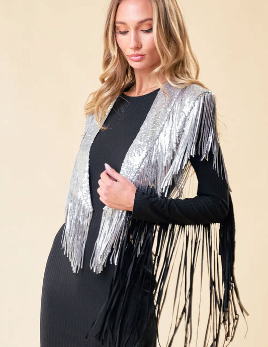 Silver Sequins Fringe Shawl - VESTS