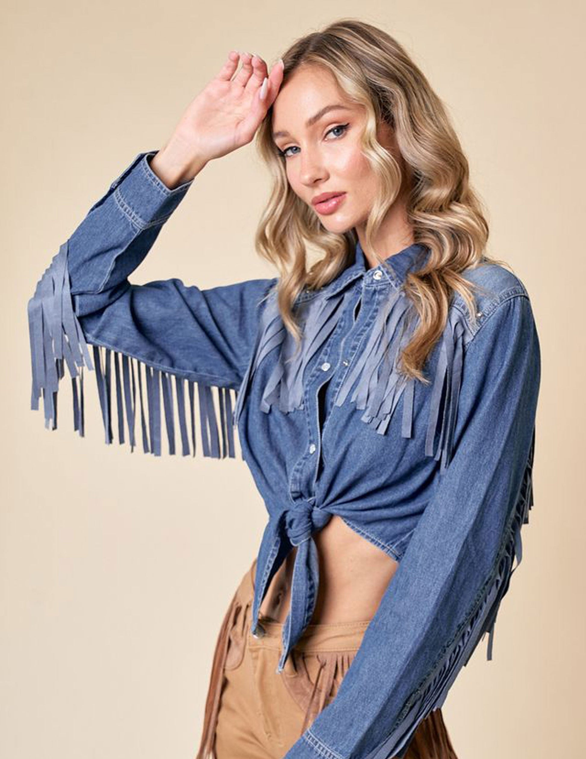 Silver Studded Fringe Tie Front Long Sleeve Shirt - BUTTON FRONT