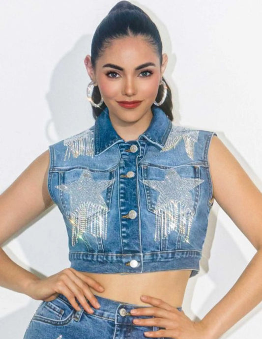 Sleevless Rhinestone Star & Fringe Denim Trucker Vest - VESTS