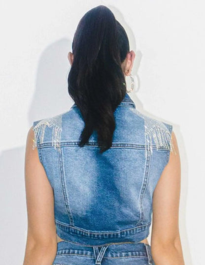 Sleevless Rhinestone Star & Fringe Denim Trucker Vest - VESTS