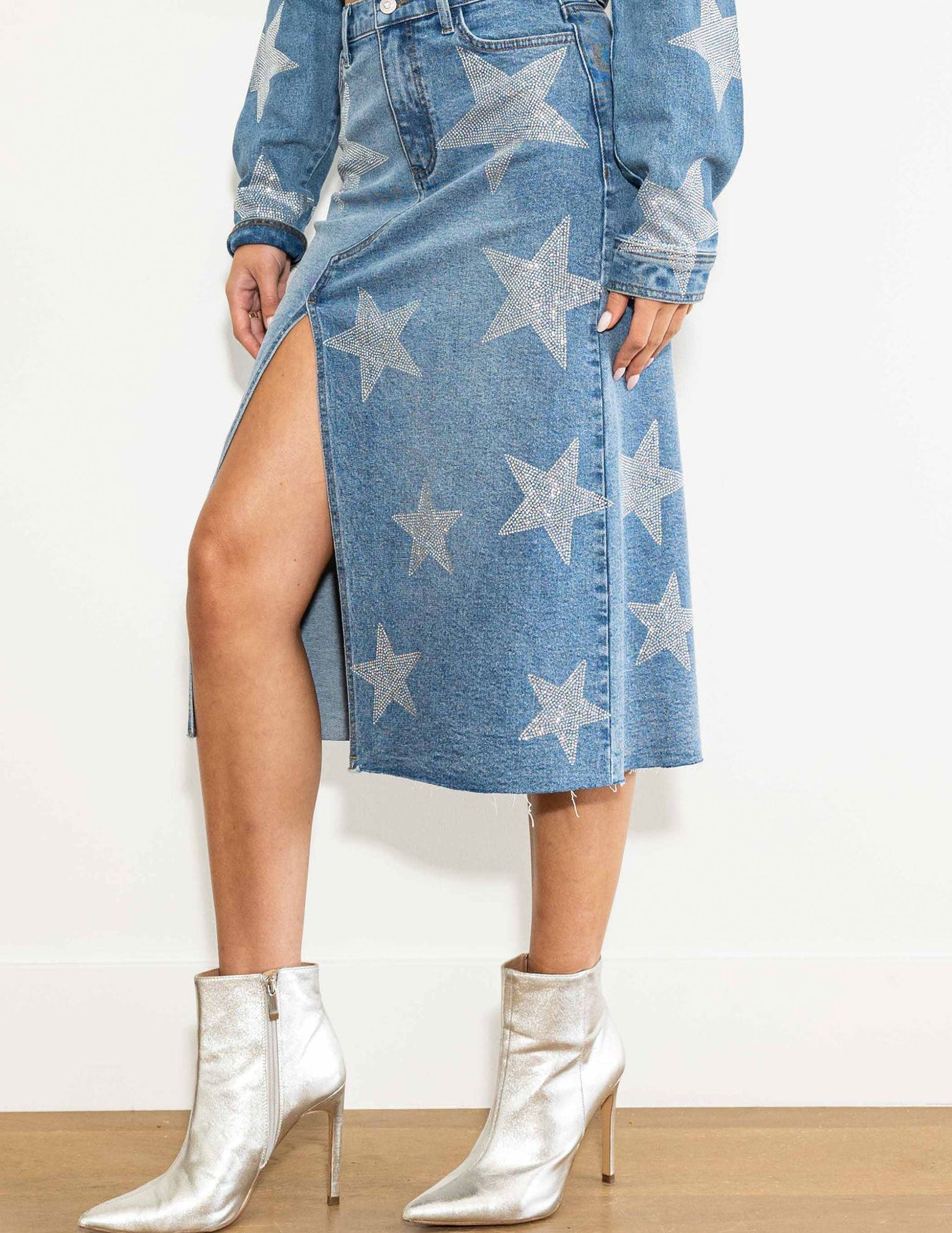 Star Rhinestone Denim Midi Skirt - SKIRTS