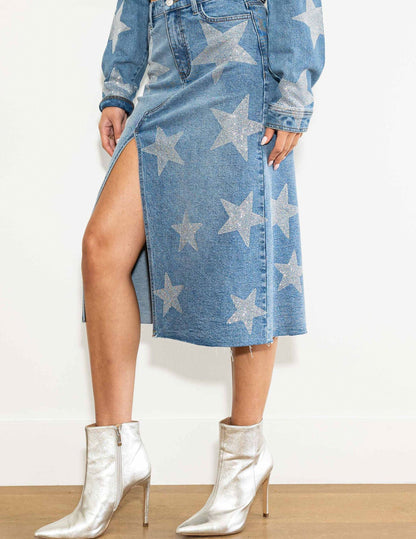 Star Rhinestone Denim Midi Skirt - SKIRTS