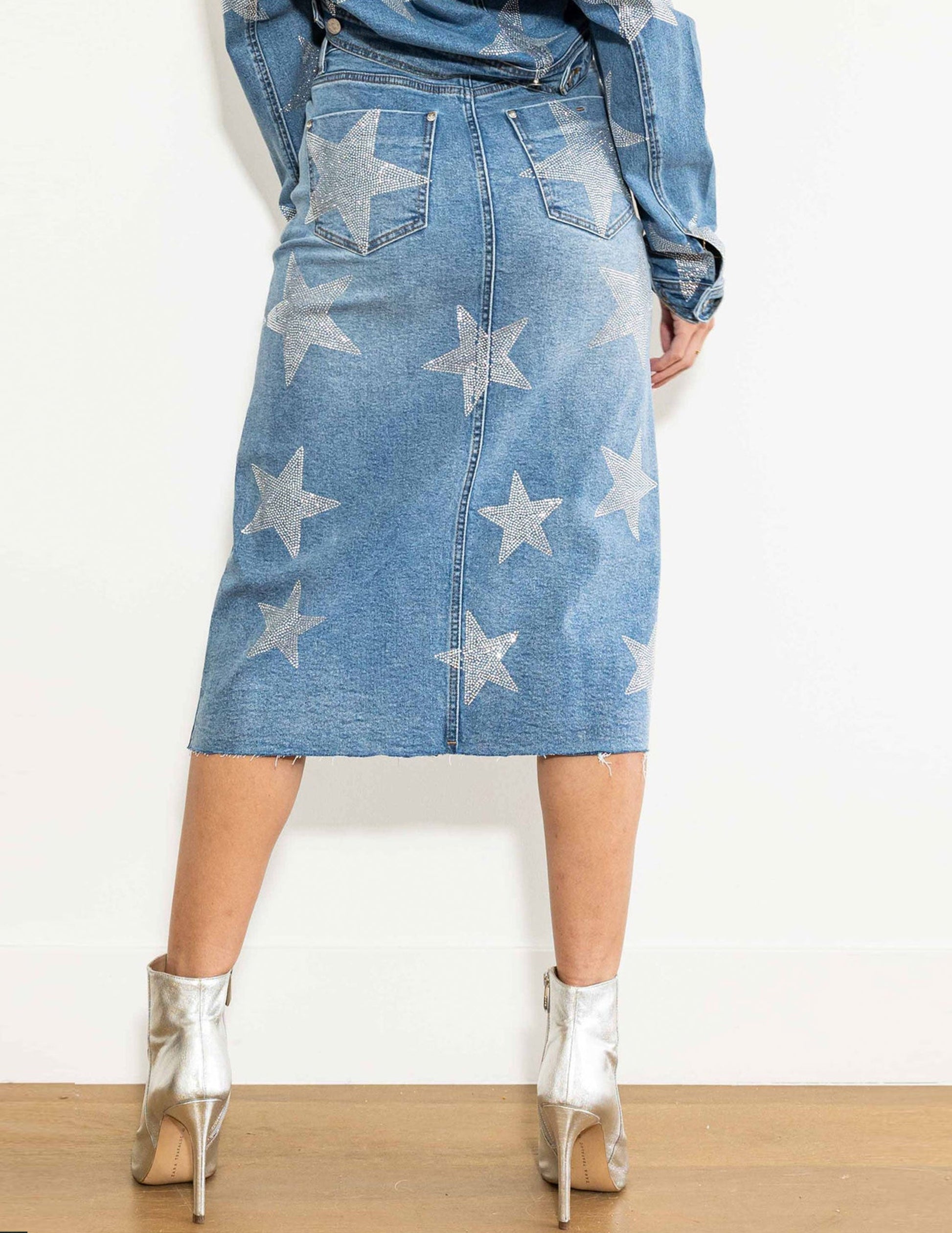 Star Rhinestone Denim Midi Skirt - SKIRTS