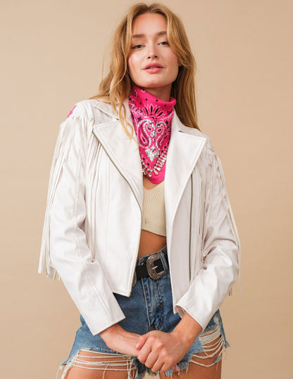 Star Sequin Fringe Faux Leather Jacket - JACKETS
