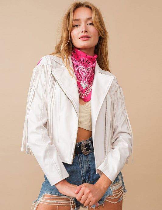 Star Sequin Fringe Faux Leather Jacket - JACKETS