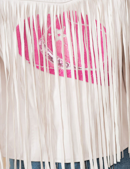 Star Sequin Fringe Faux Leather Jacket - JACKETS