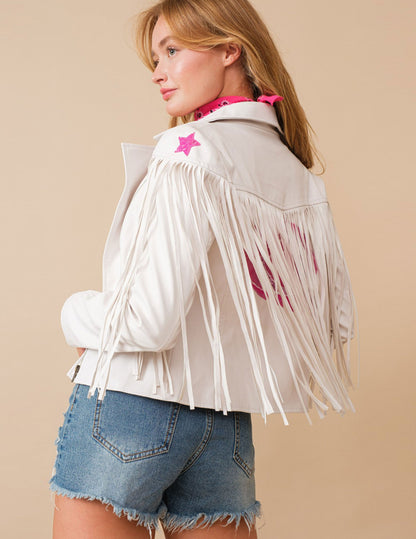 Star Sequin Fringe Faux Leather Jacket - JACKETS