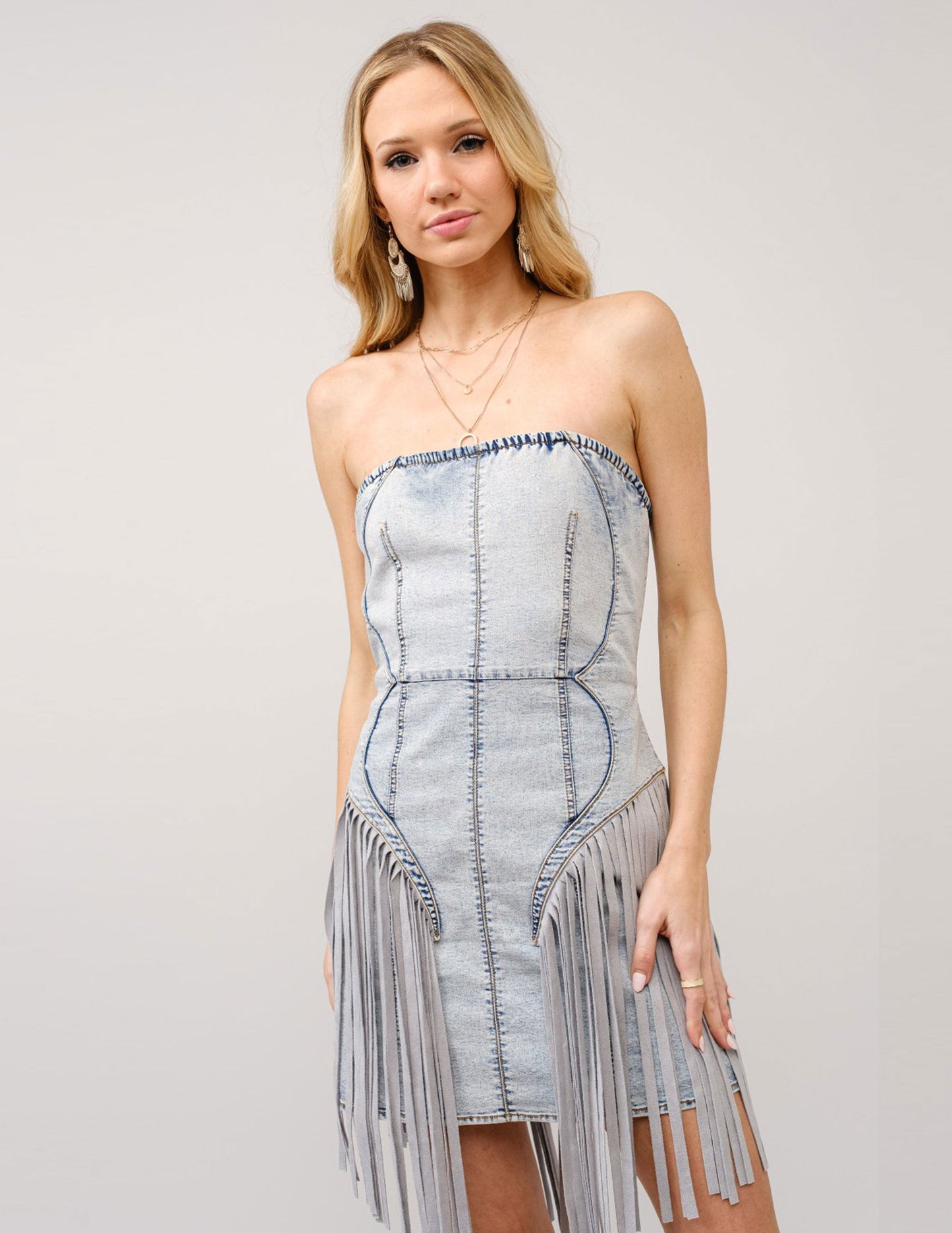 Strapless Light Wash Denim Fringe Dress - DRESSES Item Subclass