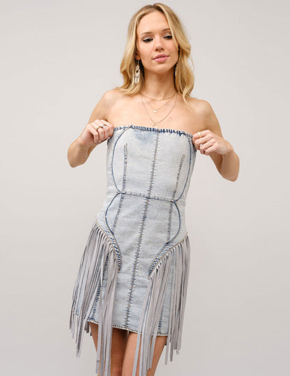 Strapless Light Wash Denim Fringe Dress - DRESSES Item Subclass