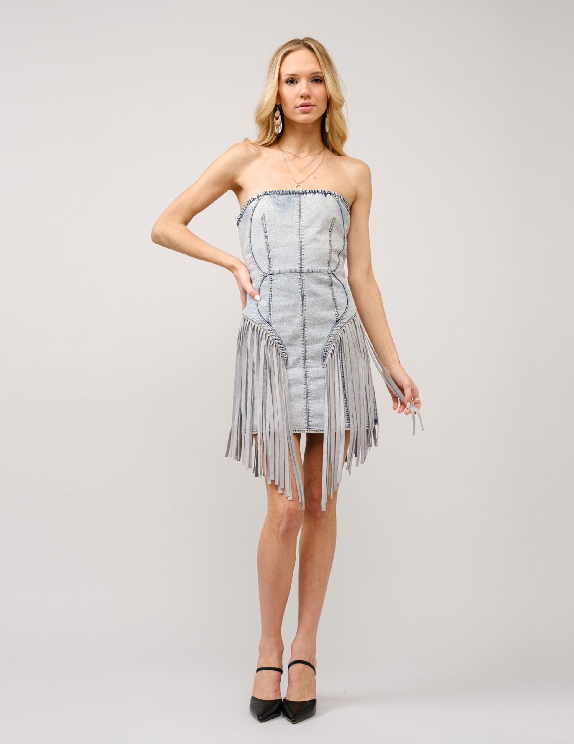 Strapless Light Wash Denim Fringe Dress - DRESSES Item Subclass