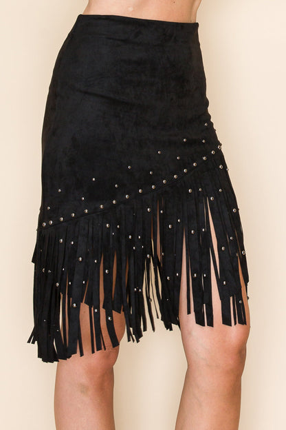 Stud Fringe Suede Skirt - BOTTOMS