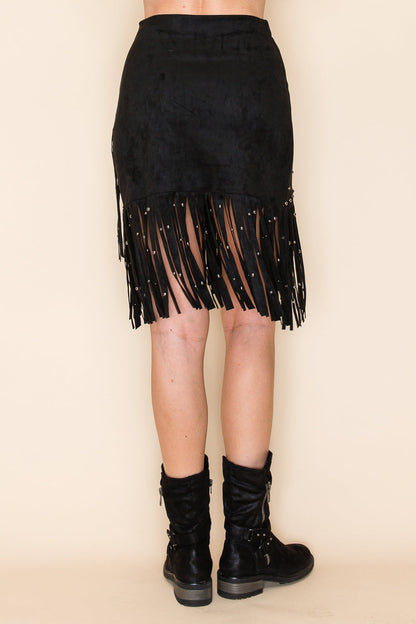 Stud Fringe Suede Skirt - BOTTOMS