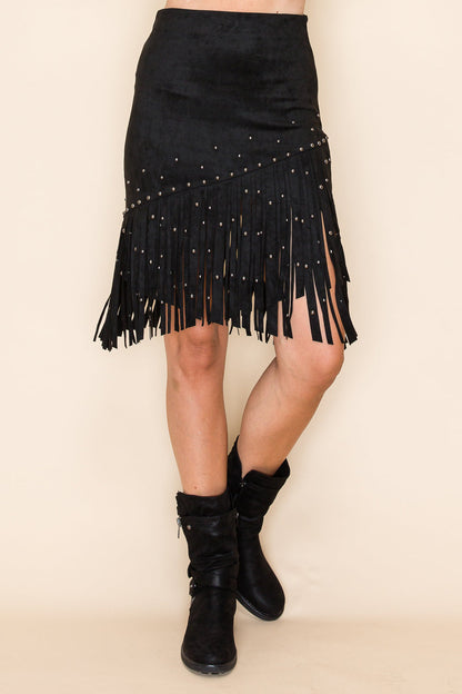 Stud Fringe Suede Skirt - BOTTOMS