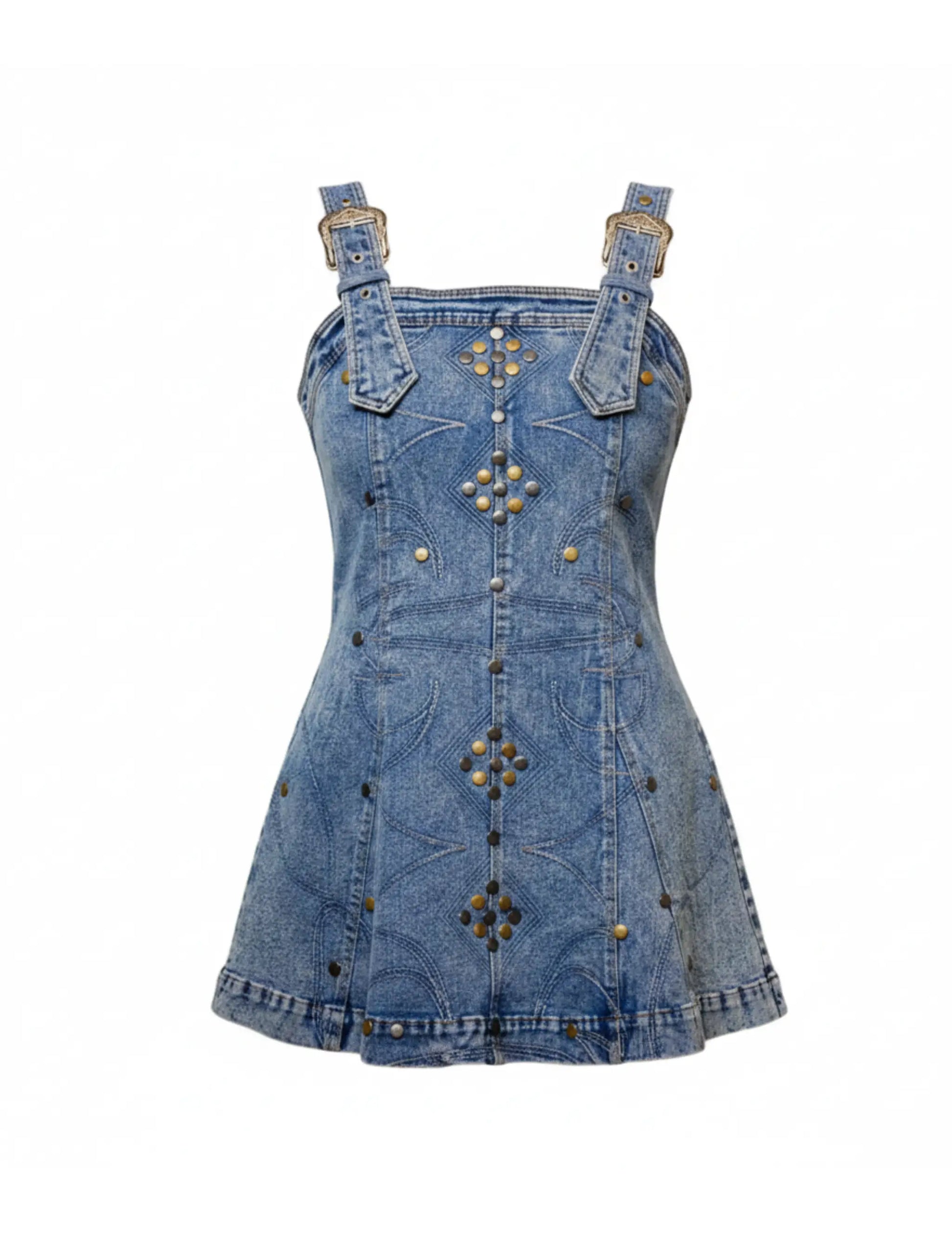 Studded Western Buckle Stretch Denim Dress - DRESSES Item Subclass