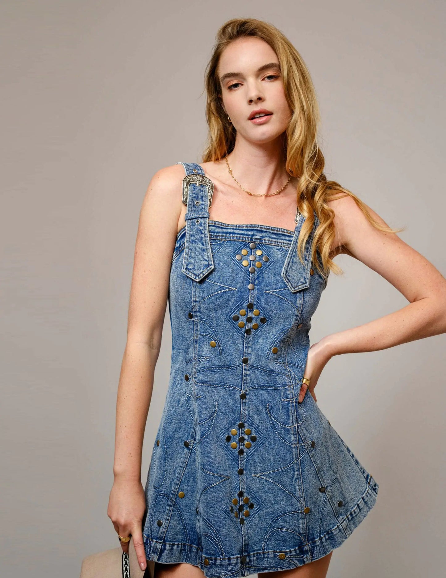 Studded Western Buckle Stretch Denim Dress - DRESSES Item Subclass