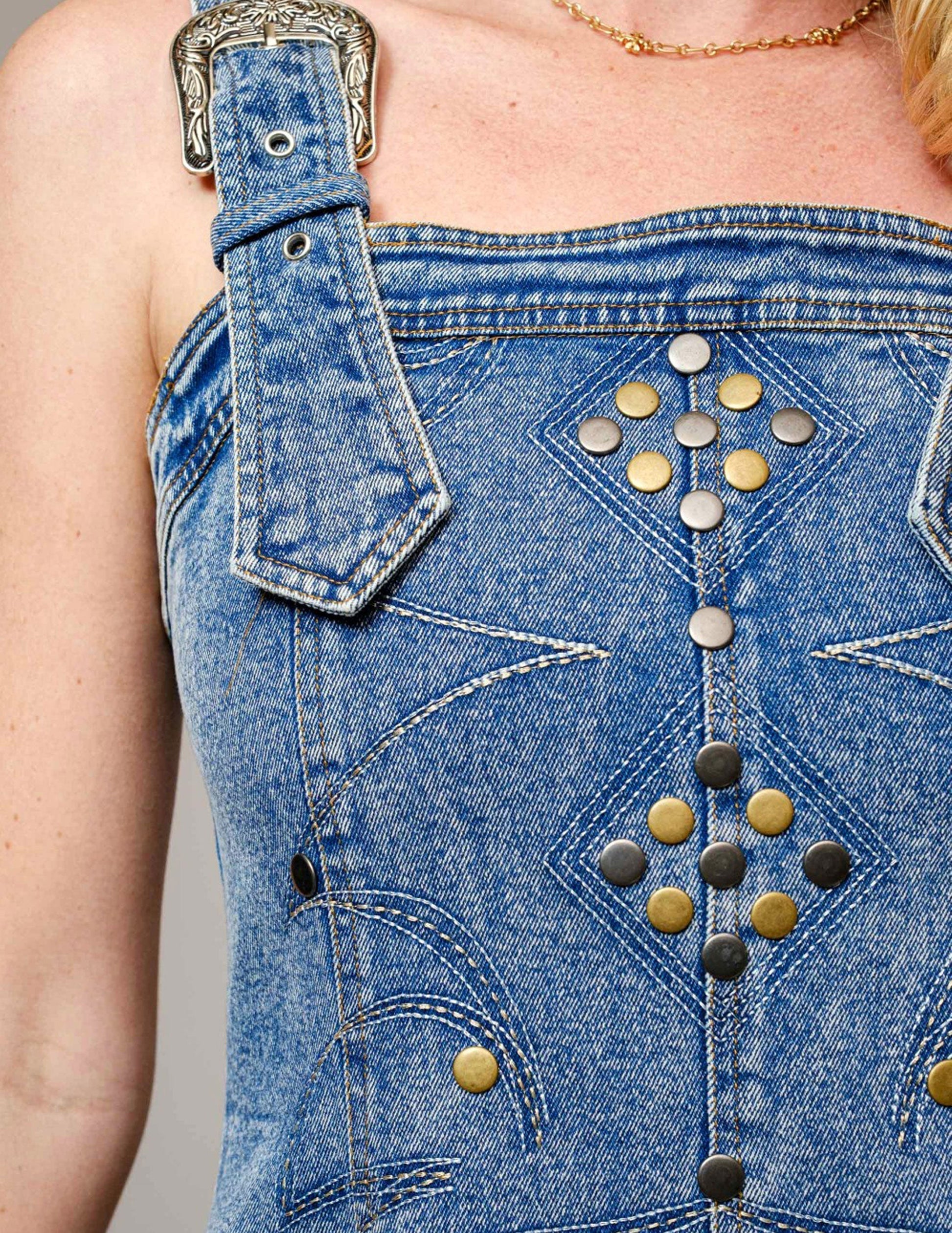 Studded Western Buckle Stretch Denim Dress - DRESSES Item Subclass