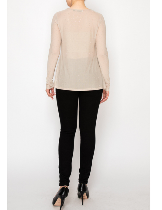Tan Rhinestone Mesh Layering Top - CREWS