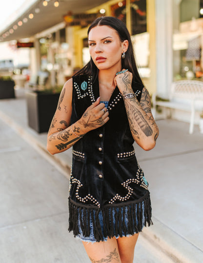 Turquoise Stone Studded Fringe Vest - VESTS