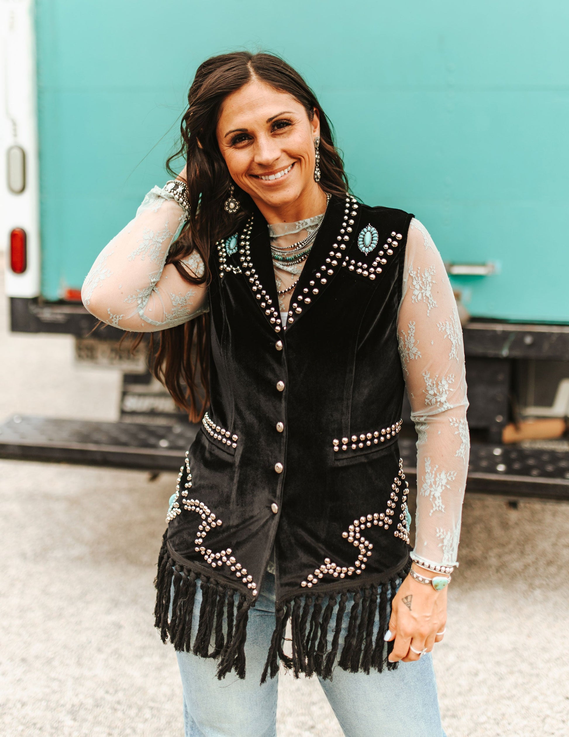 Turquoise Stone Studded Fringe Vest - VESTS