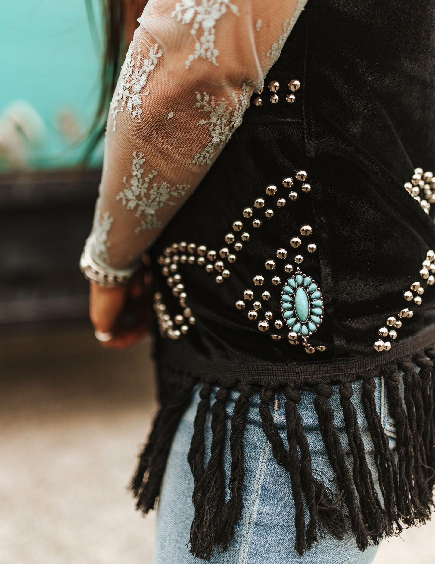 Turquoise Stone Studded Fringe Vest - VESTS