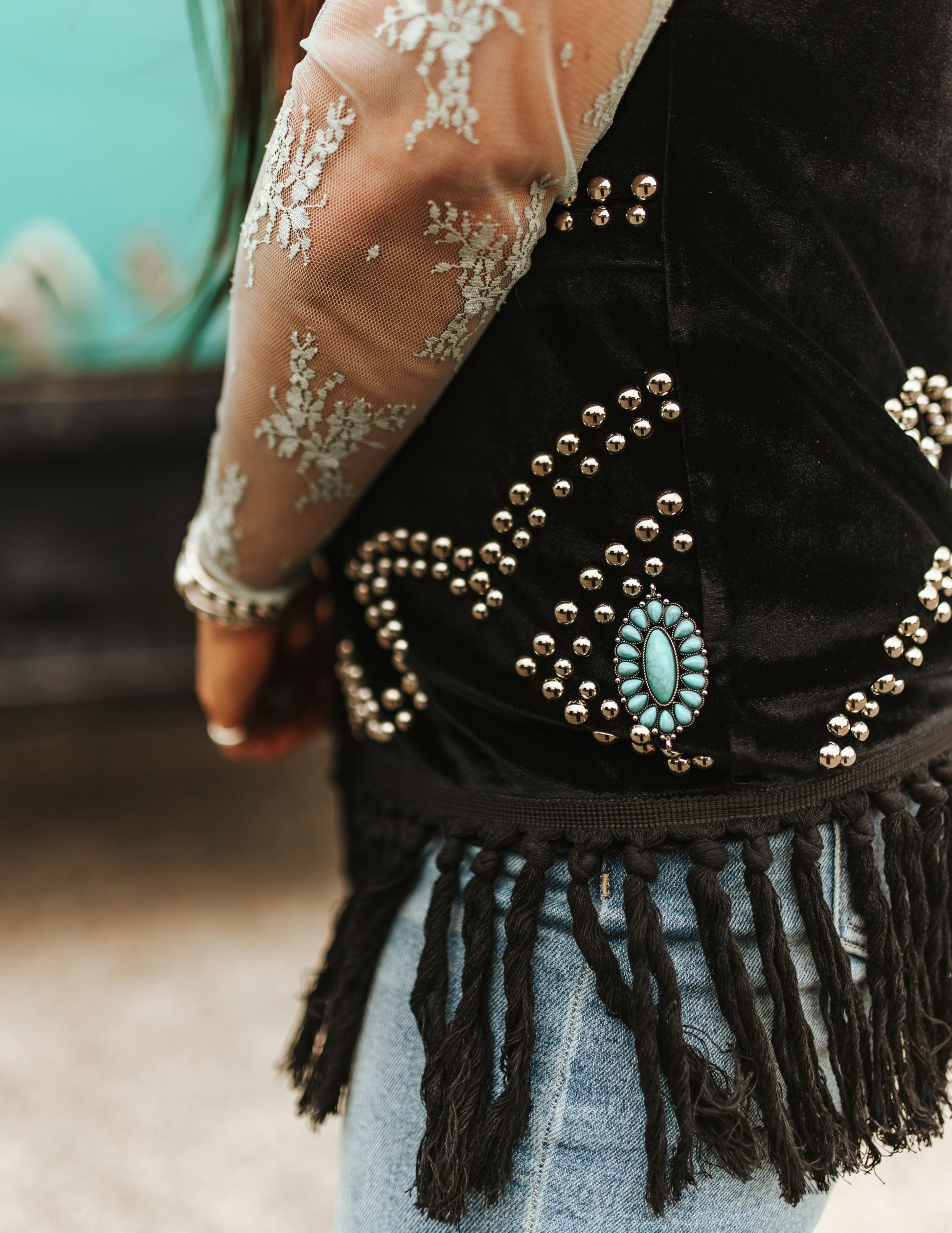 Turquoise Stone Studded Fringe Vest - VESTS