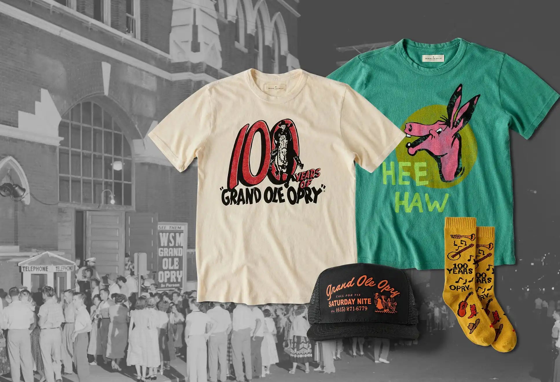 Two graphic t-shirts, a cap, and a pair of socks.