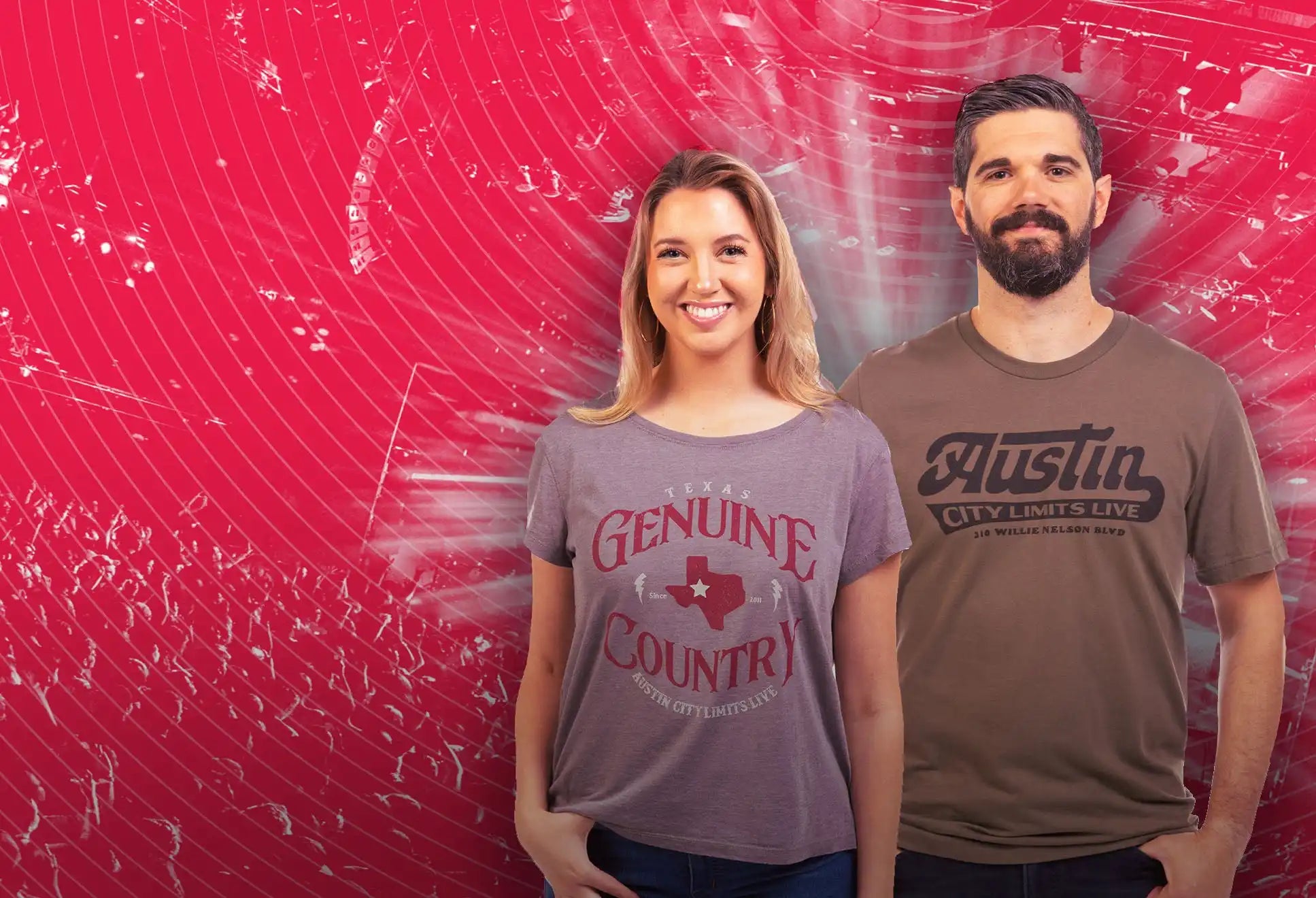 Two individuals modeling casual t-shirts with Texas-themed designs.