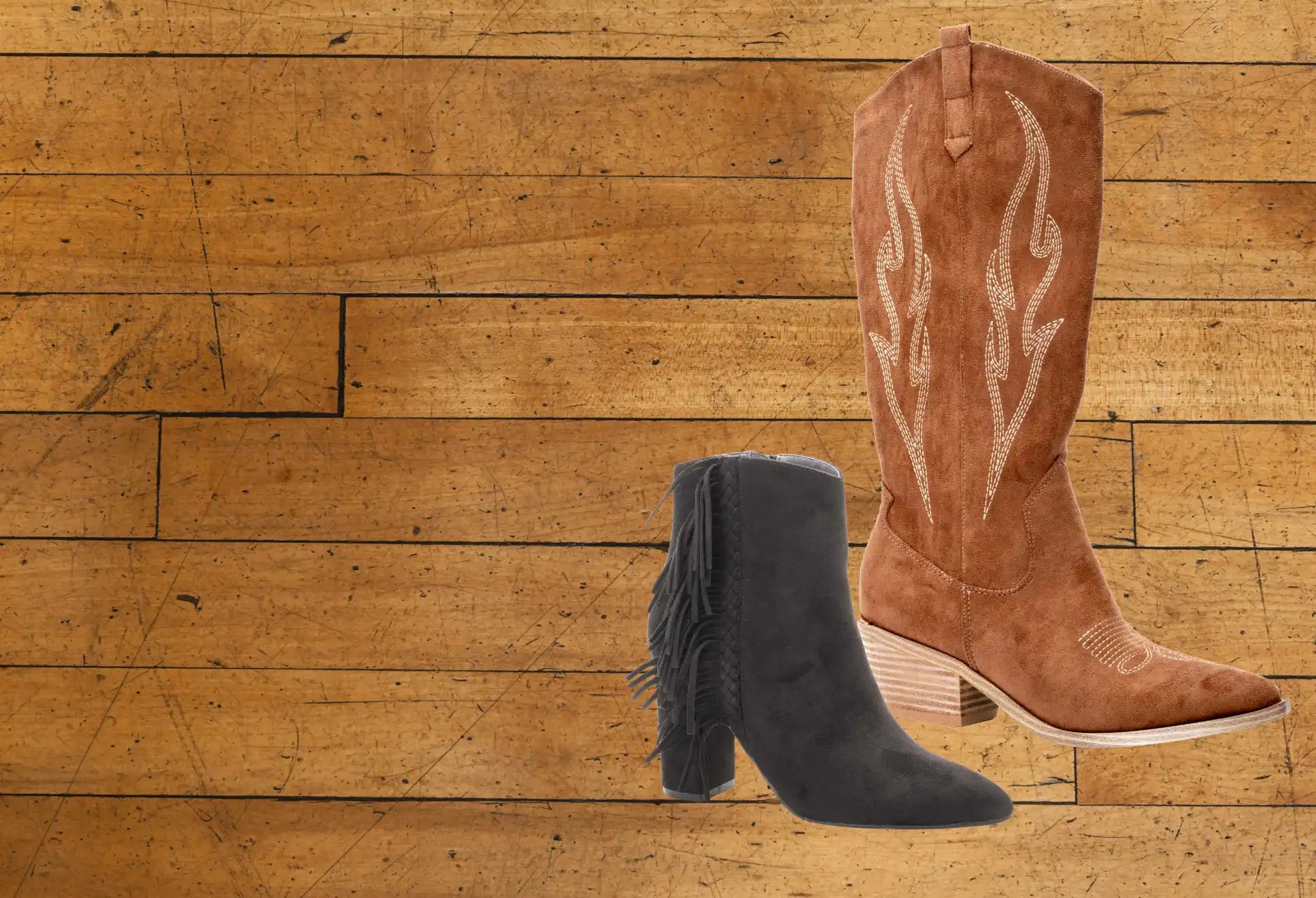 Two pairs of suede boots, one black ankle boot with fringe and one brown cowboy boot with embroidered details.