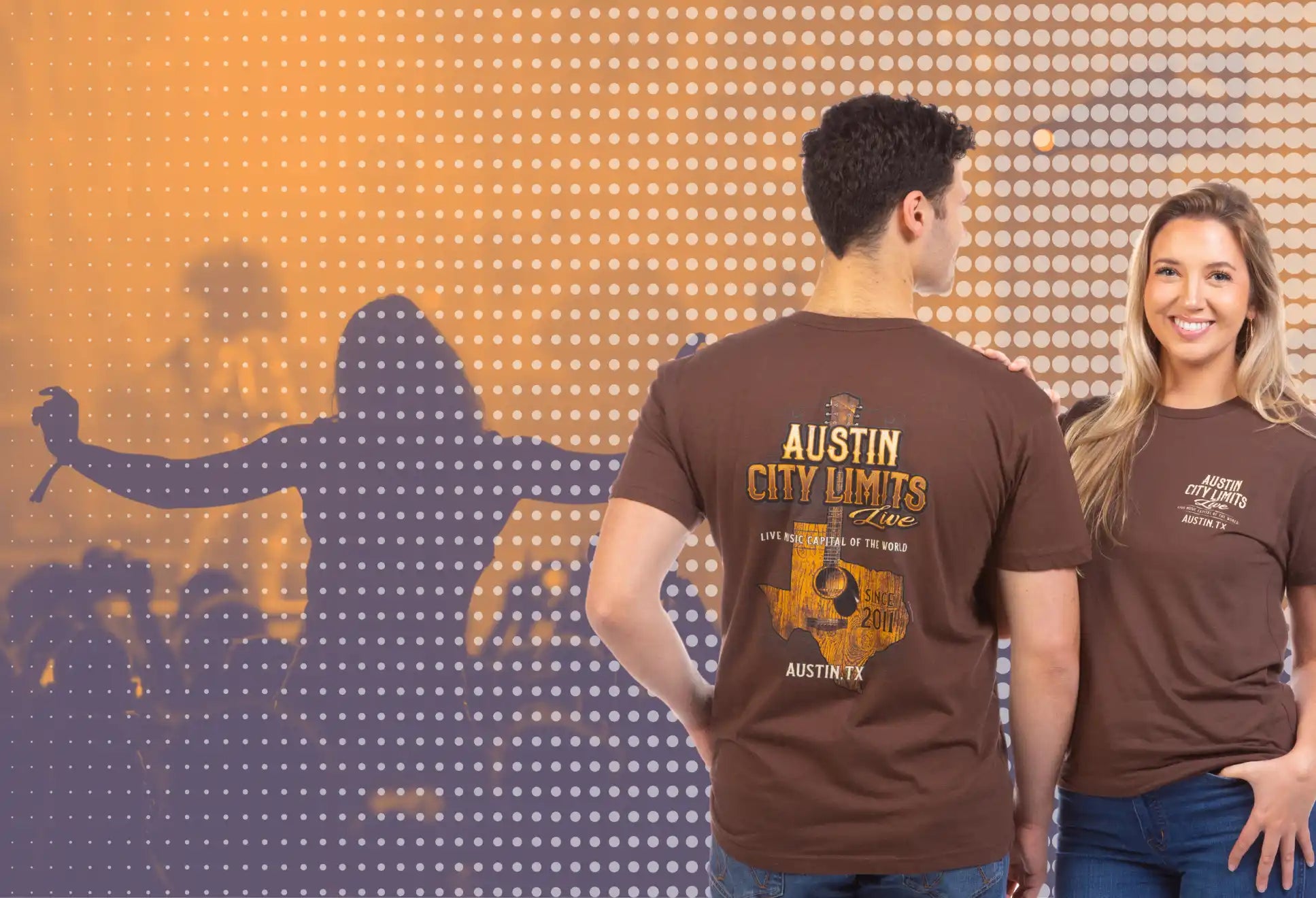 Two people wearing brown ’Austin City Limits Live’ t-shirts.