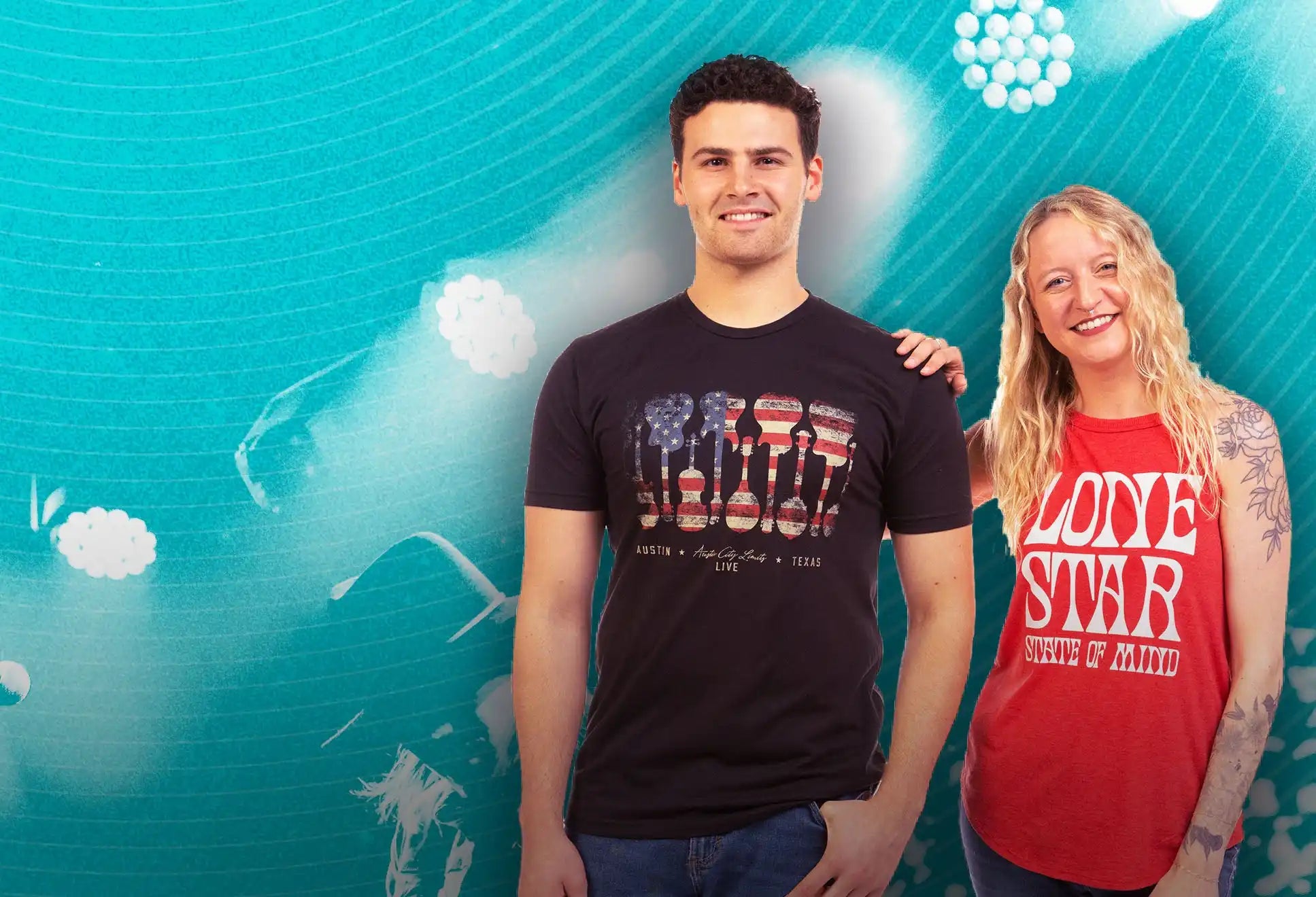 Two people smiling and wearing casual t-shirts.