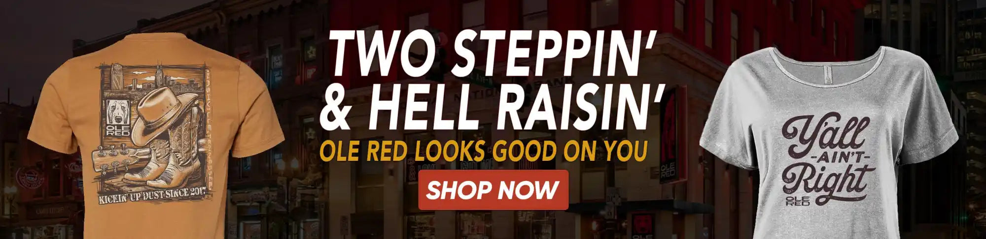 Two t-shirts with country-themed designs.