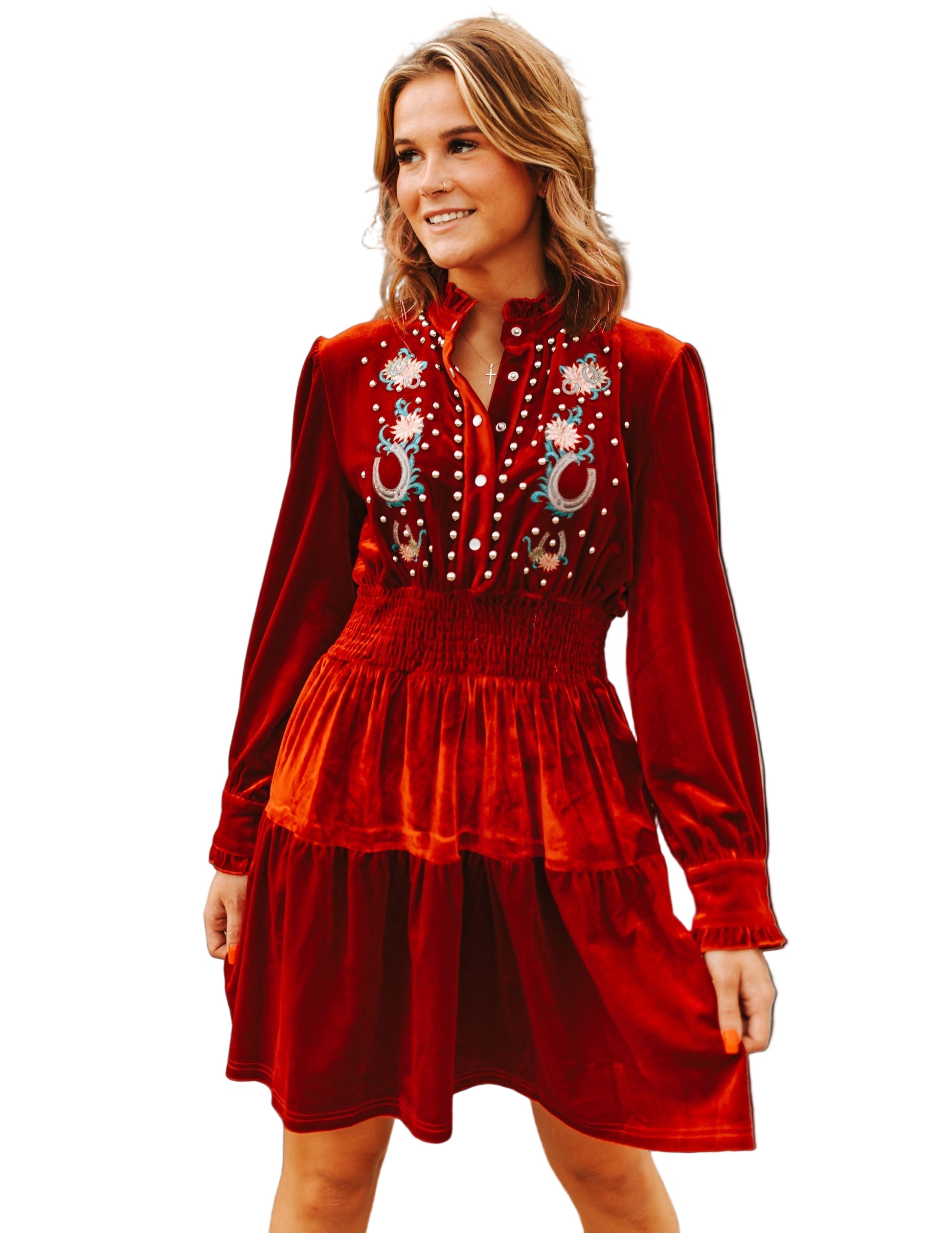 Velvet Embroidered Elastic Waist Ruffle Dress - DRESSES Item Subclass