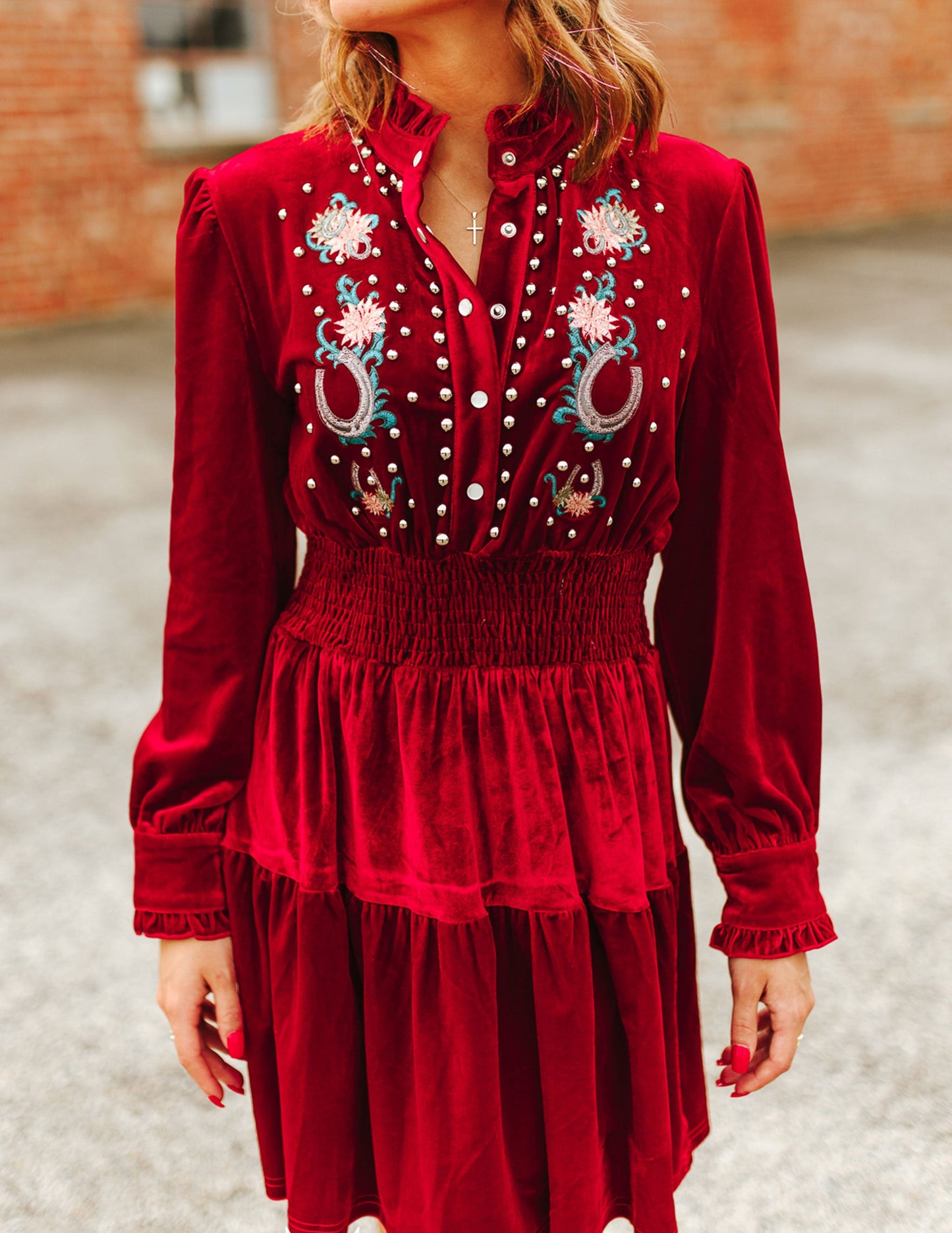 Velvet Embroidered Elastic Waist Ruffle Dress - DRESSES Item Subclass