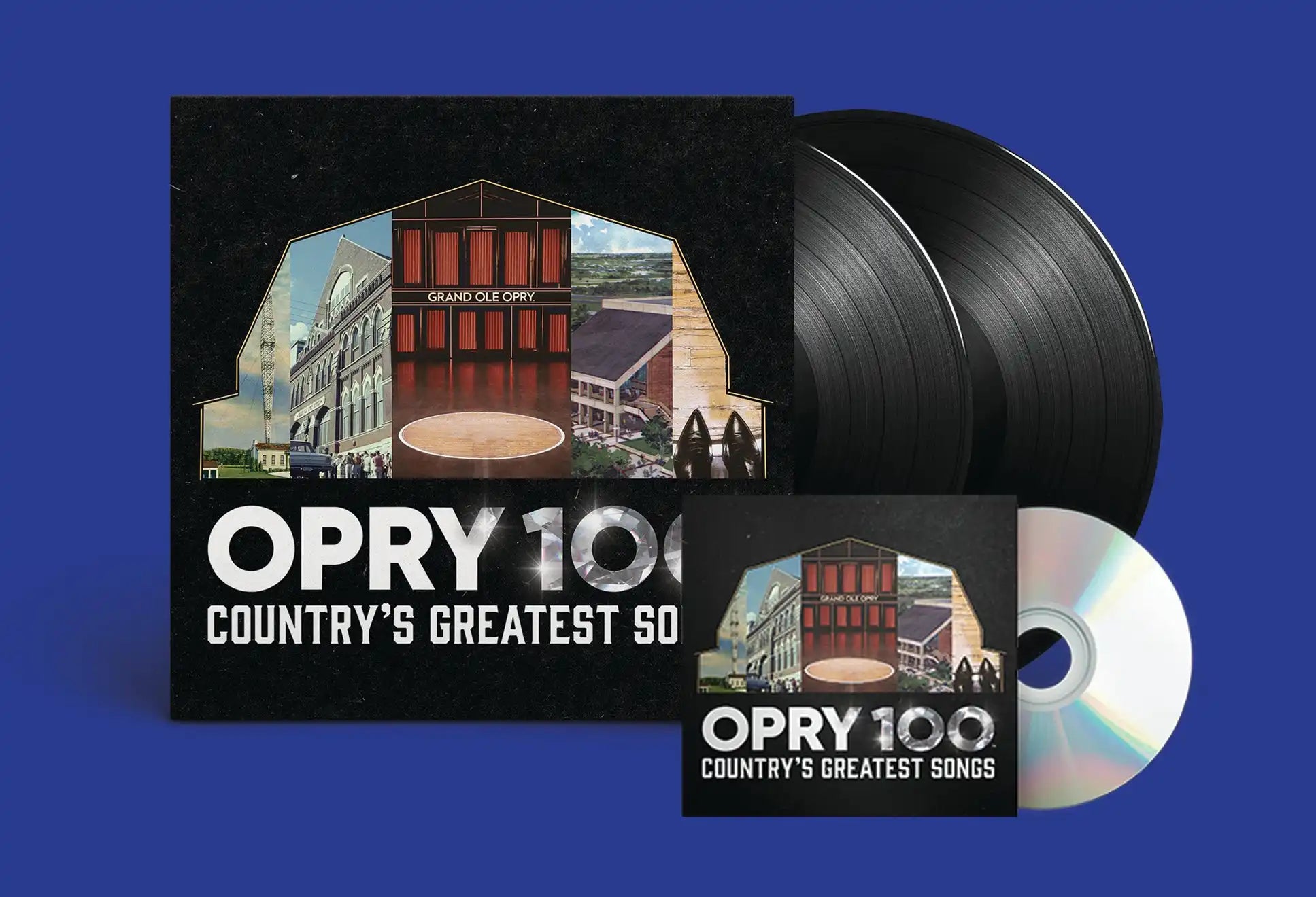 A vinyl record and CD album set titled ’OPRY 100 COUNTRY’S GREATEST SONGS.’