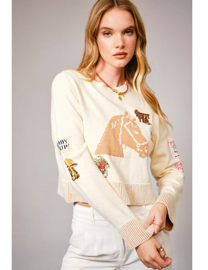 Western Horse Patch Crop Sweater - CREWS