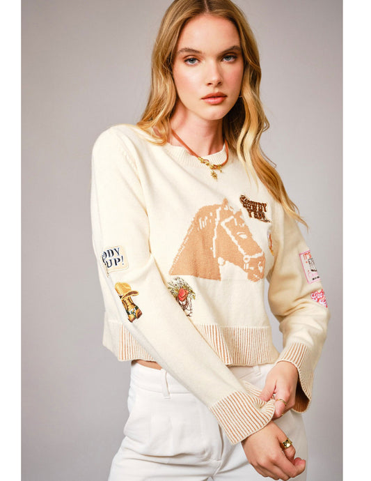 Western Horse Patch Crop Sweater - CREWS
