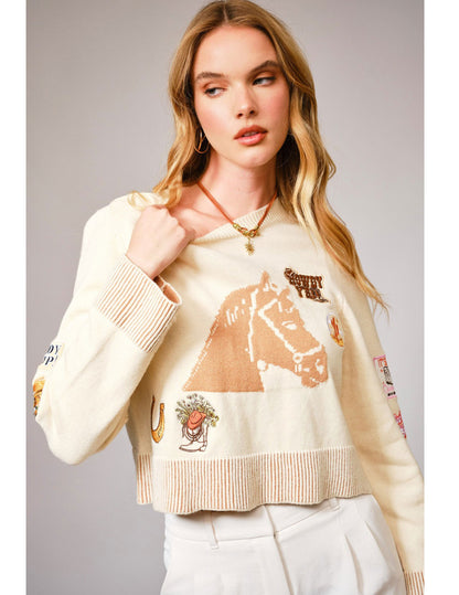 Western Horse Patch Crop Sweater - CREWS