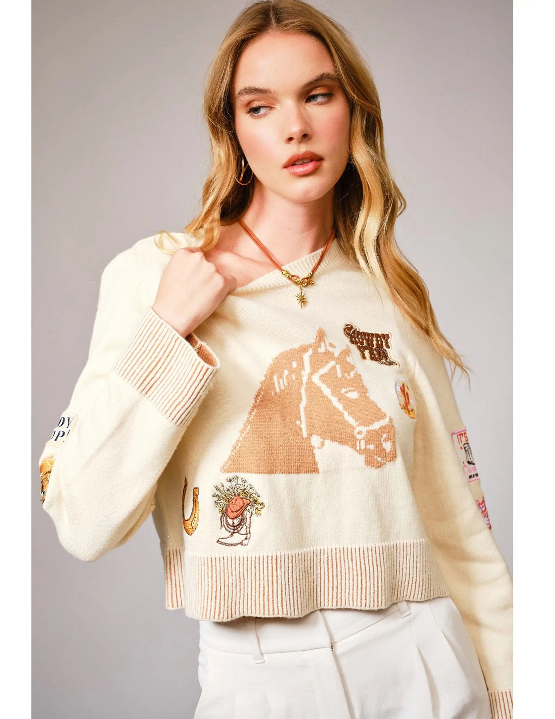 Western Horse Patch Crop Sweater - CREWS