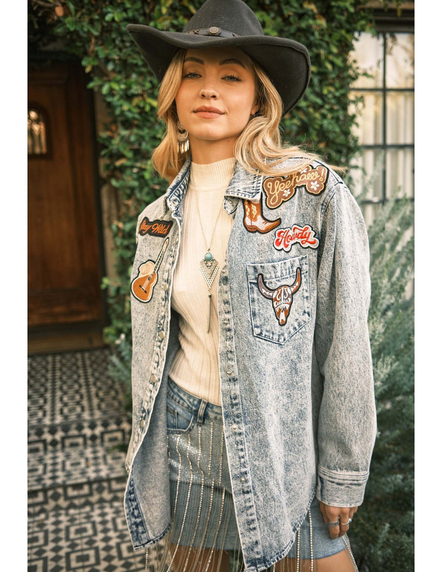 Western Patch Denim Jacket - OUTERWEAR